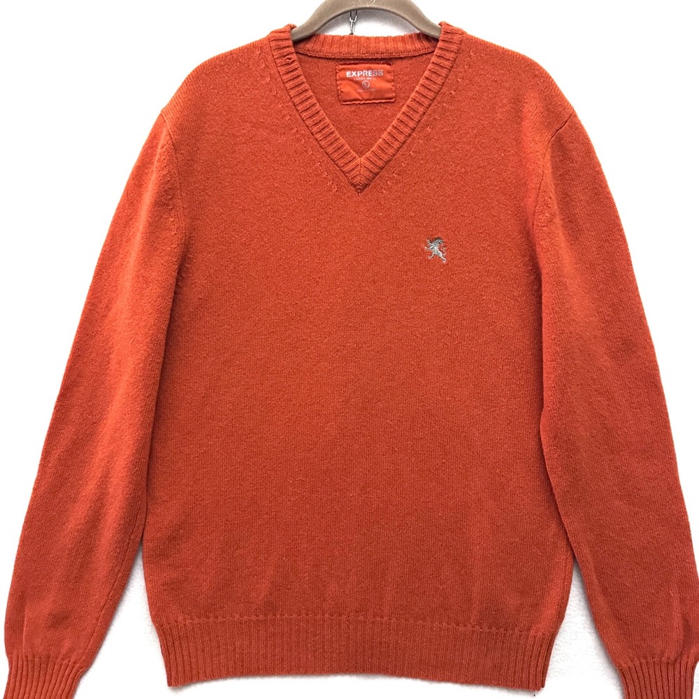 Express Mens L Lambswool Sweater Burnt Orange Lion Logo Warm Large
